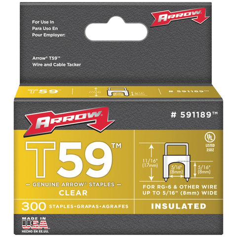 Arrow Fastener Clear T59 Insulated Staples For Rg59 Quad & Rg6 5 And 16&#34; X 5 And 16&#34; 300 Pk