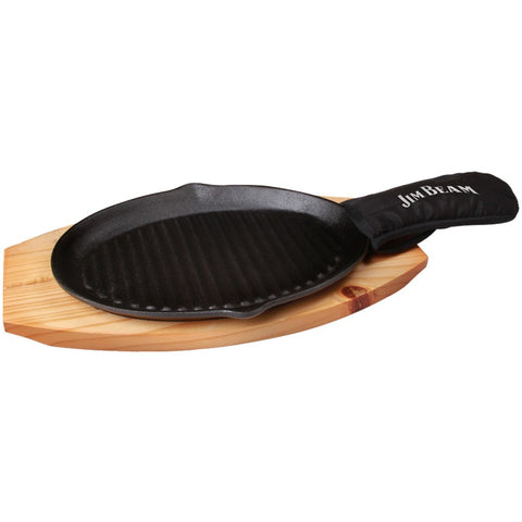Jim Beam Cast Iron Skillet With Wooden Plate & Handle Cover